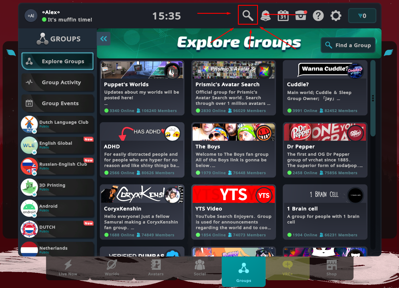 Explore Groups — поиск